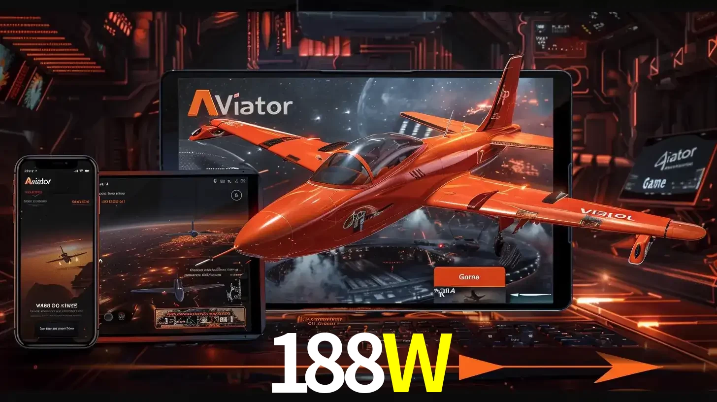 Apresentação tecnológica do jogo Aviator com um avião saindo da tela de um tablet, demonstrando a experiência imersiva em múltiplos dispositivos no 188W.