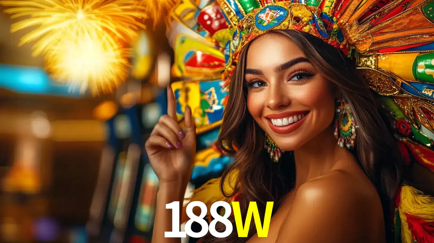 Mulher sorridente com um cocar de carnaval vibrante e colorido, celebrando uma grande vitória nos jogos do cassino 188W com fogos de artifício ao fundo.