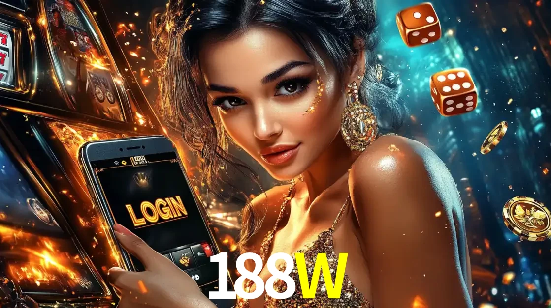 Mulher glamourosa segurando um celular com a tela de login do cassino 188W, rodeada por dados e moedas douradas, pronta para começar a diversão.