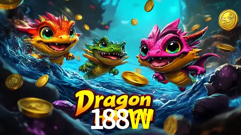 Arte promocional do jogo Dragon Hatch com três adoráveis dragões bebês nadando entre moedas de ouro, um dos slots mais divertidos para jogar no cassino 188W.