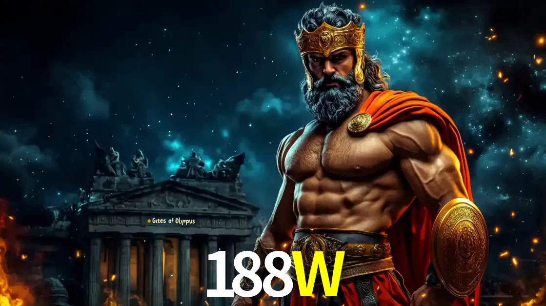 O poderoso Zeus do jogo de slot Gates of Olympus em frente ao seu templo, pronto para lançar multiplicadores divinos e prêmios épicos no cassino online 188W.