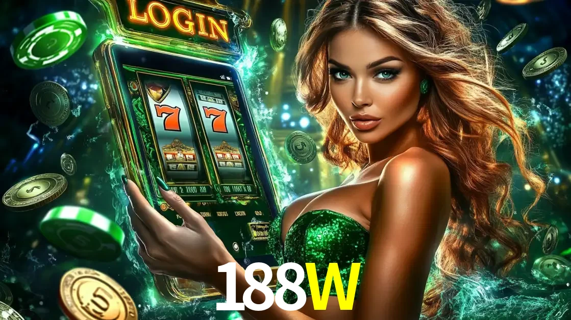 Mulher com tema verde apresentando o aplicativo do cassino 188W com um jogo de slot de 777, cercada por fichas de cassino e uma aura de sorte.