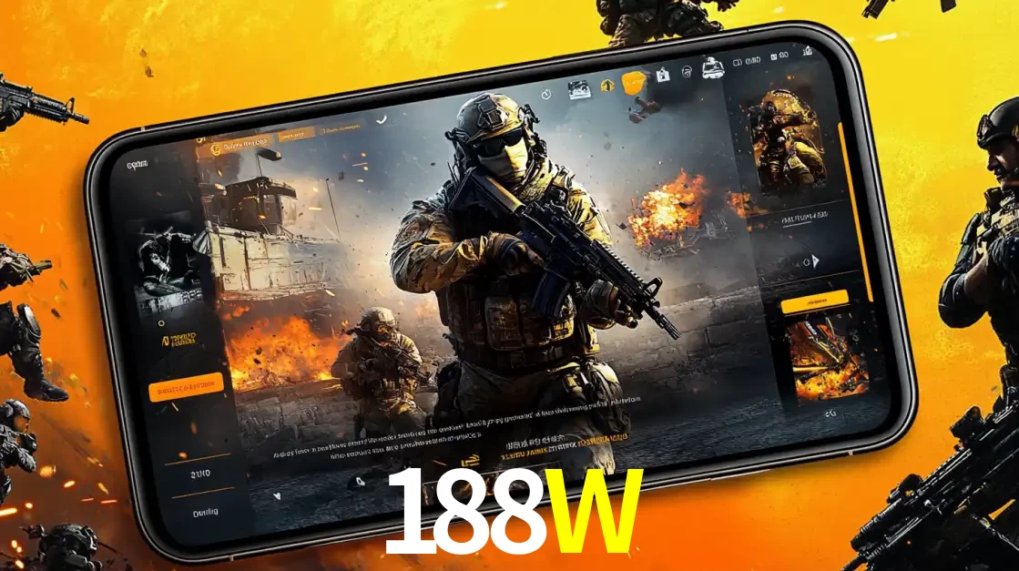 Um smartphone exibindo a interface de um jogo de tiro em primeira pessoa, com um soldado em um cenário de batalha, representando a ação dos e-sports para apostar no 188W.