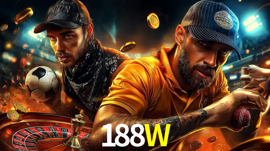 Montagem de apostas esportivas e cassino no 188W, com um homem segurando uma bola de futebol e outro uma de beisebol sobre uma roleta e moedas voadoras.