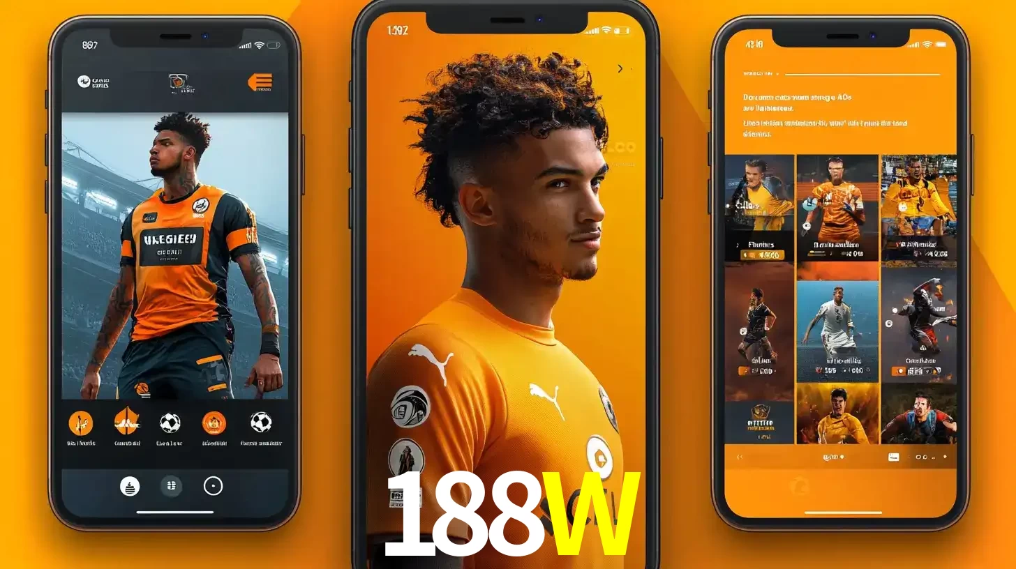Interface do aplicativo de apostas esportivas 188W em três telas de celular, mostrando o perfil de um jogador de futebol e a lista de jogos disponíveis para apostar.