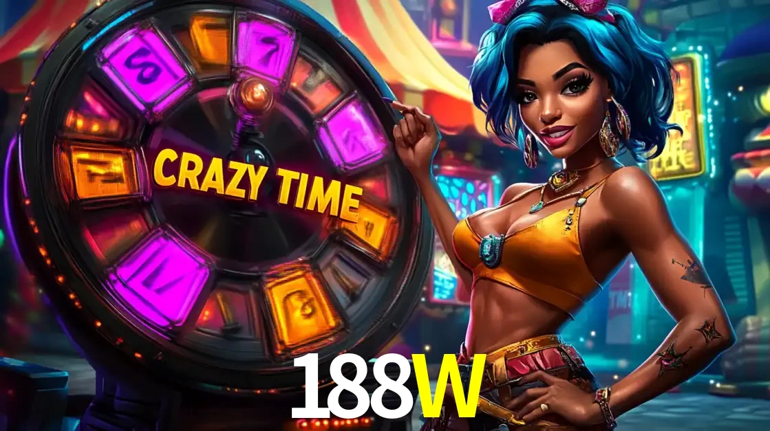Mulher estilizada com cabelo azul e visual vibrante posando ao lado da roda de prêmios do game show Crazy Time, convidando para a diversão e os bônus do cassino 188W.