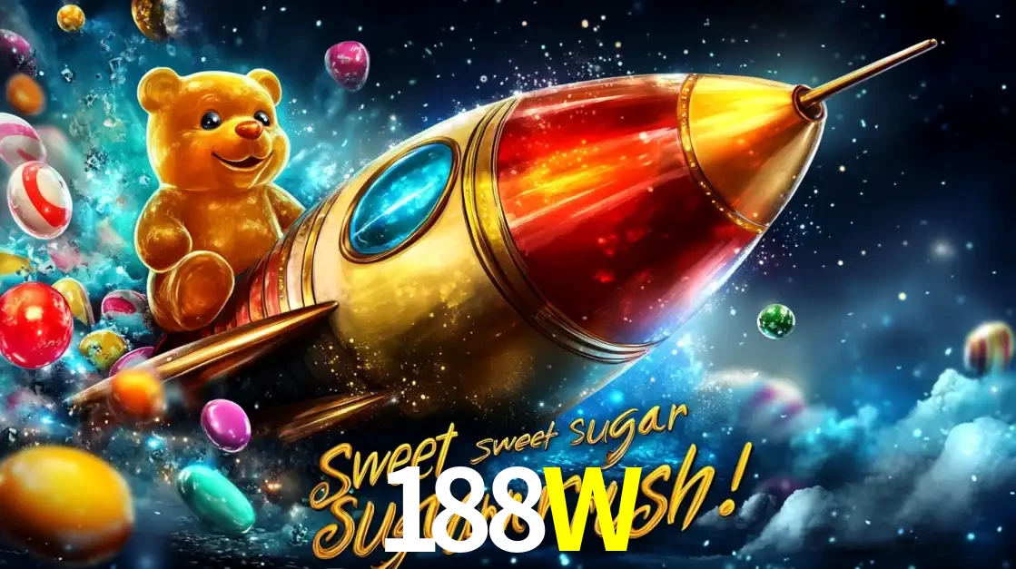 Arte promocional do jogo de slot Sugar Rush, com um urso de pelúcia em um foguete viajando pelo espaço de doces, um dos jogos divertidos disponíveis no cassino 188W.