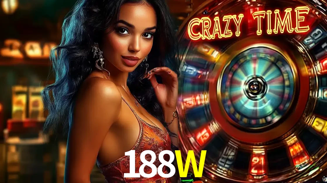 Mulher elegante ao lado da vibrante roda da fortuna do jogo de cassino ao vivo Crazy Time, um dos game shows mais populares e cheios de prêmios do 188W.