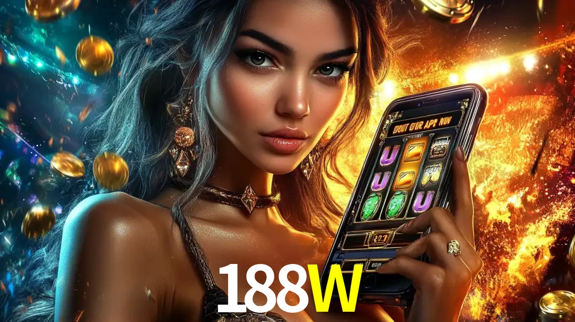 Mulher elegante mostrando um jogo de caça-níqueis em seu smartphone, destacando a experiência de cassino móvel oferecida pelo aplicativo 188W.