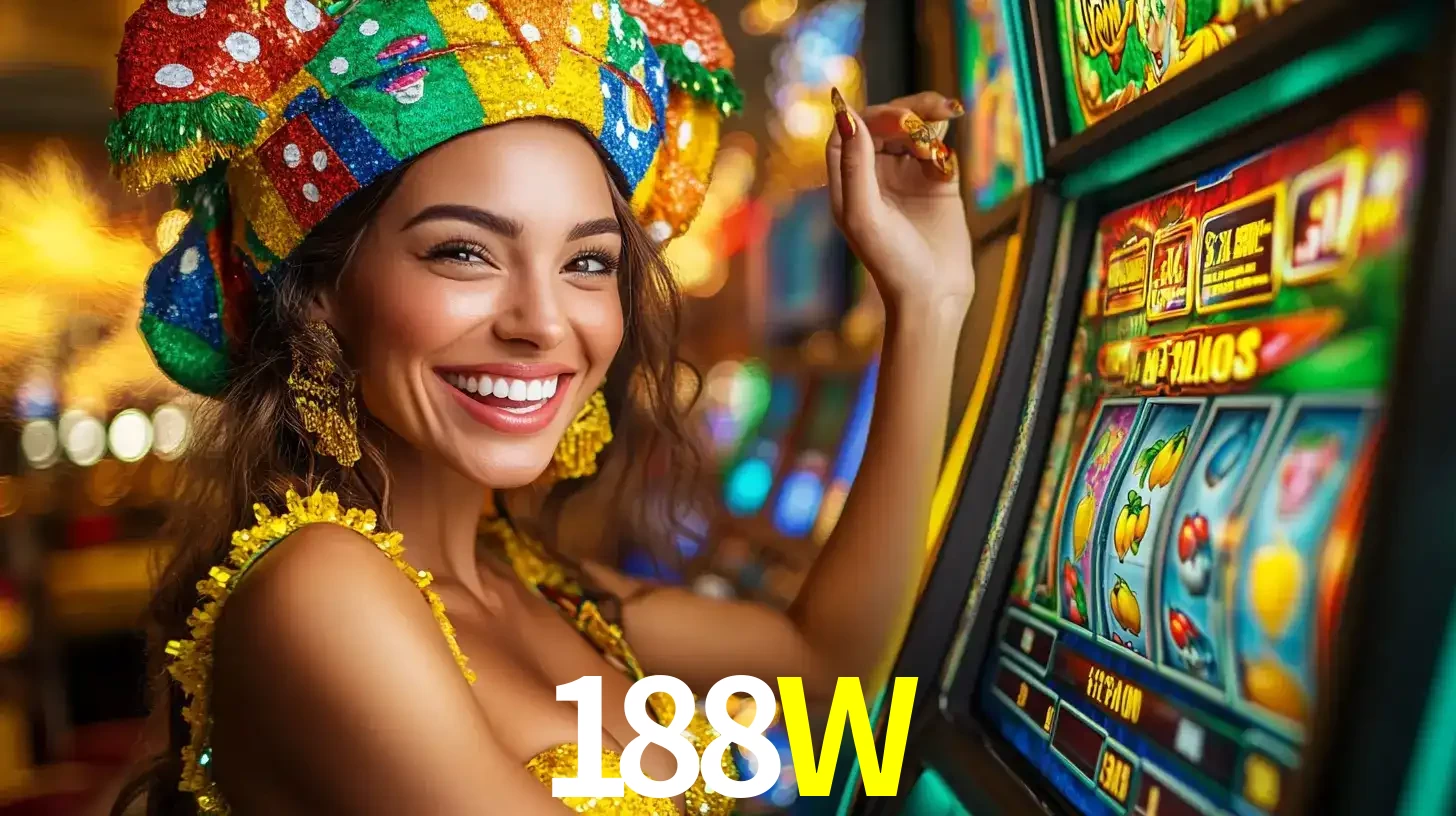 Mulher feliz com traje de carnaval amarelo e colorido ao lado de uma máquina de caça-níqueis, aproveitando a diversão e os jogos temáticos do cassino 188W.