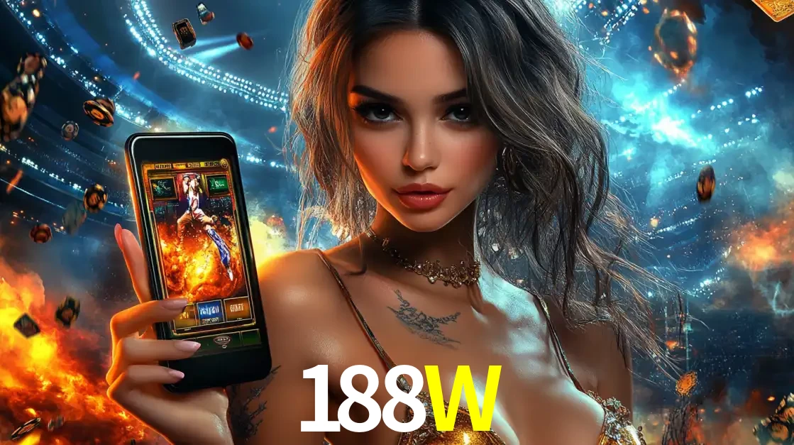 Mulher segurando um celular com um jogo de slot em destaque, tendo como fundo um estádio vibrante, simbolizando a emoção de jogar no cassino móvel 188W.