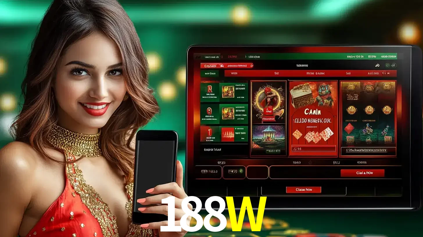 Mulher sorridente segurando um smartphone, ao lado de uma tela exibindo o lobby de jogos do cassino online 188W, com várias opções de jogos de cartas e slots.